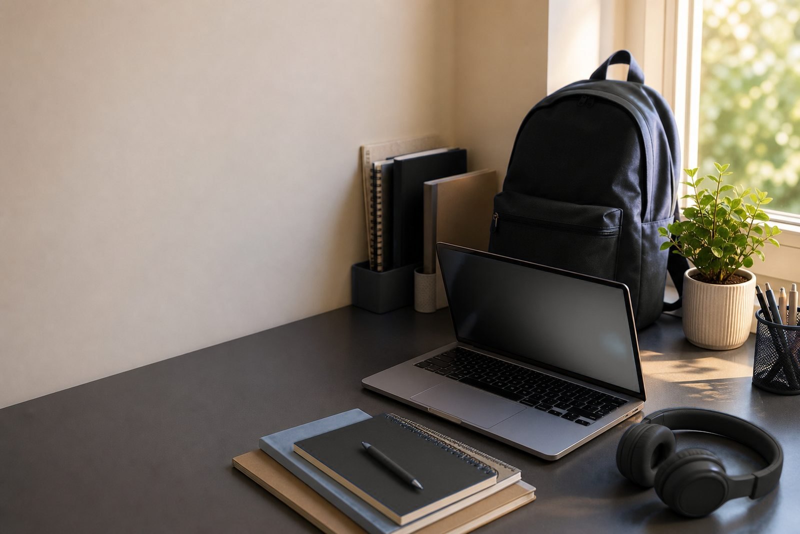 Un ordinateur portable ouvert sur un bureau, à côté d’un sac à dos et d’un casque