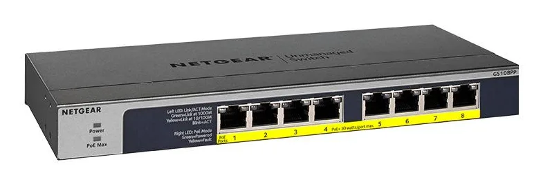 NETGEAR GS108PP Non-géré Gigabit Ethernet (10/100/1000) Connexion Ethernet, supportant l'alimentation via ce port (PoE) Noir