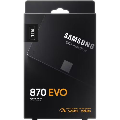 Disque SSD Samsung 870 EVO MZ-77E1T0B - 2.5" Interne - 1 To - SATA (SATA/600) - Noir - Ordinateur de bureau, Notebook Appareil compatible - 600 To TBW - 560 Mo/s Taux de transfer maximale en lecture - 256 bits Norme de cryptage - 5 an(s) Garantie