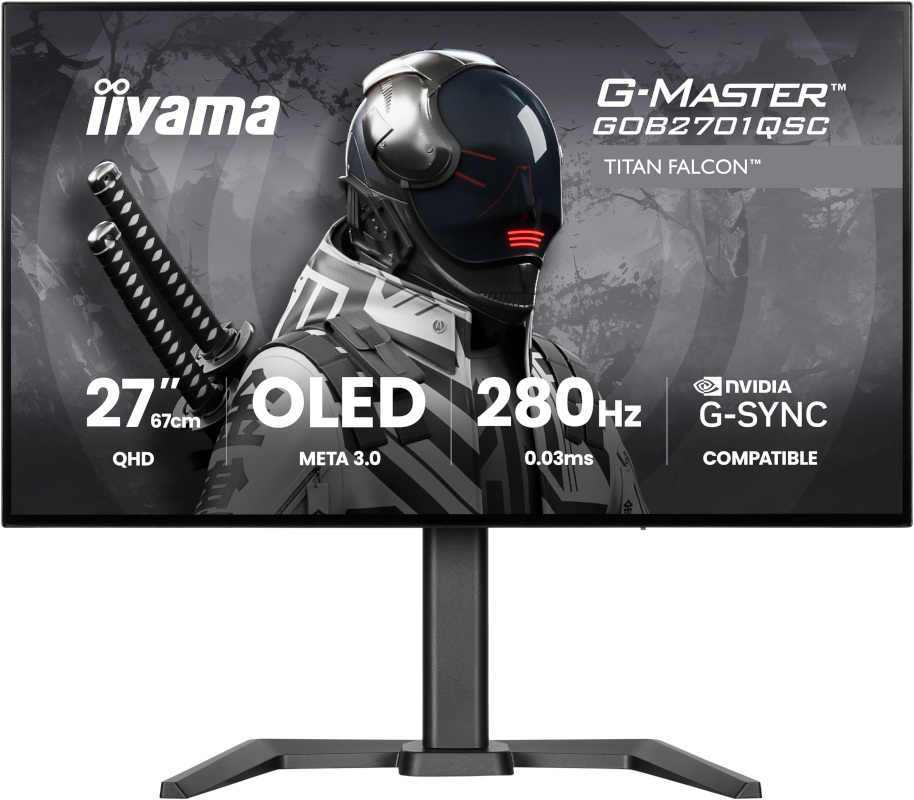Moniteur OLED gaming iiyama G-MASTER Titan Falcon GOB2701QSC-B1 27" Classe WQHD - 16:9 - Noir - 68,6 cm (27") Viewable - R&eacute;solution 2560 x 1440 - 1,07 milliards de couleurs - Adaptative Sync/Compatible G-Sync - 1500 cd/m&sup2; - 0,03 ms - 280 Hz Fr&eacute;quence de rafra&icirc;chissementHauts-Parleurs - Pivotant, Hauteur, Pivot, Inclinaison - USB Type-C - HDMI - DisplayPort - Compatibilit&eacute; VESA - Hub USB, Commutateur KVM